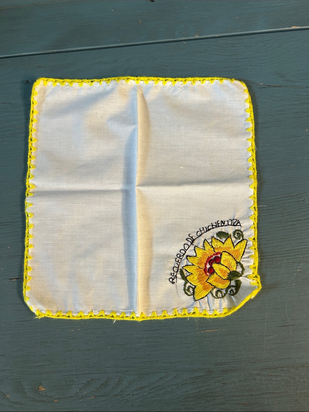 Handcrafted Yellow Trim White CottonHandkerchief with Sunflower Embroidery